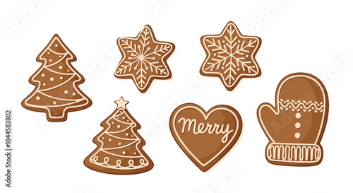 Festive collection of traditional Christmas gingerbread cookies decorated with white icing, including trees, stars, a heart, and a mitten.
