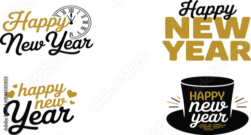 Happy New Year Typography Grid, Four Festive Designs with Script, Gold Accents, and Celebration Elements