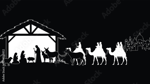 Nativity silhouette, Holy Family, Three Wise Men, Christmas vector, black and white, manger scene, camels, gifts, Bethlehem, animals