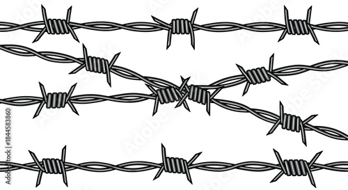 Realistic illustration of several strands of sharp metal barbed wire, creating a seamless border of a prison or restricted area fence.
