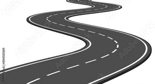 Perspective view of a long and winding asphalt road or highway curving into the distance, isolated on a white background.