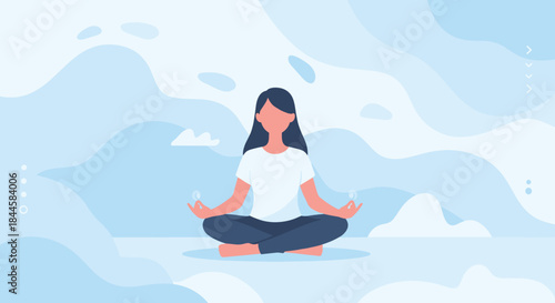 Young woman practicing mindfulness meditation in the lotus position, finding peace and calm against a serene blue sky background.