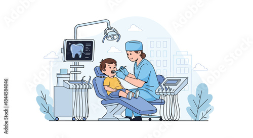 Female dentist examining a young boy's teeth in a modern, well-equipped dental clinic during a routine check-up.