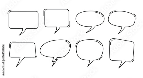 Collection of eight hand-drawn doodle speech bubbles in various shapes for comics, messages, and dialogue communication.