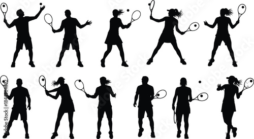 Tennis player silhouettes, action poses, racket motion, vector clipart, black and white, serve, hit, swing, sport gesture