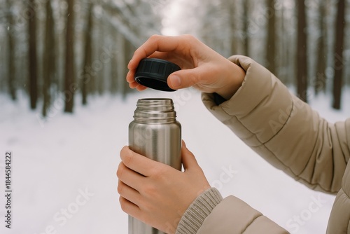 Hands opening a thermos flask in a snowy forest, hot drink for winter hiking and outdoor adventure.