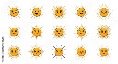 Big collection of cute and happy kawaii sun characters with various smiling, winking, and cheerful facial expressions.