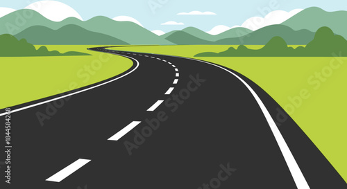 A scenic winding road travelling through a vibrant green landscape of fields and hills with mountains in the distant background.