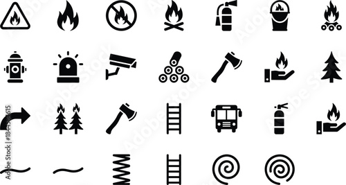 A comprehensive set of solid black icons for fire safety, warnings, and emergency services, including fire extinguishers, hydrants, flames, and surveillance equipment.
