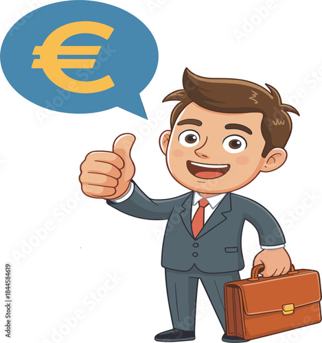 Happy businessman gives thumbs up for Euro currency investment success and profits.