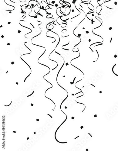 Single continuous bold line art of confetti raining downward in flowing motion, abstract minimalist New Year vector style