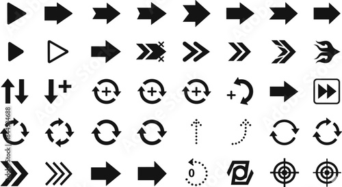A massive set of solid black icons for user interfaces, covering essential controls like directional arrows, fast-forward, rewind, reload, and target symbols in vector format.