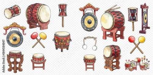 Collection of various traditional Asian percussion musical instruments including drums, gongs, and maracas.