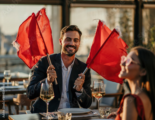 Funny Concept of Couple on a Date Holding Red Flags Indicating Toxic Relationship Warning