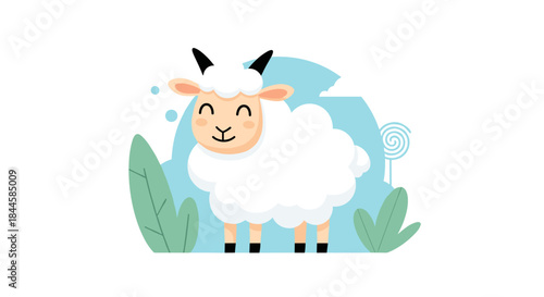 Cute cartoon sheep standing in a field with green leaves and blue background.