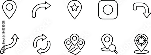 A set of simple black line icons representing various navigation concepts, including location pins, curved arrows, refresh symbols, and map searching elements.