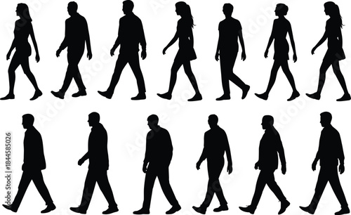 Twelve black silhouettes of walking individuals in varied poses, illustrating human motion and gait diversity on white background