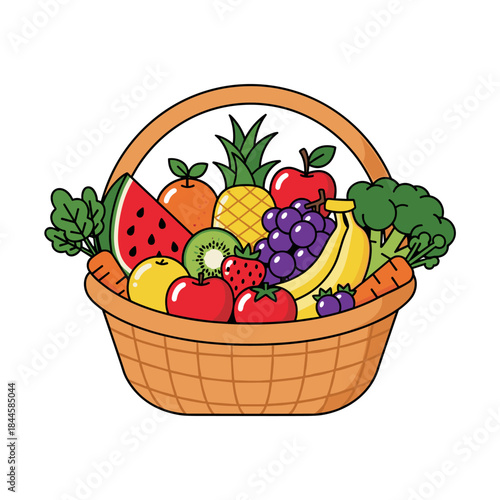 Colorful Basket of Fresh Fruits and Vegetables in Flat Cartoon Illustration Style