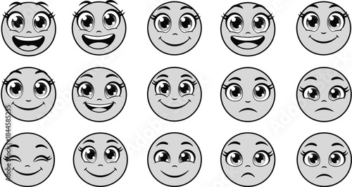A collection of gray-scale cartoon female faces and emoticons with large, expressive eyes and eyelashes, showing various emotions like happy, sad, winking, and smiling.