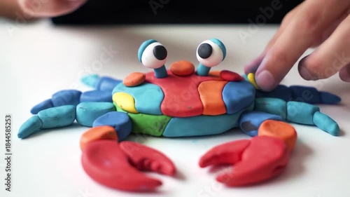 Colorful clay crab being molded by hand on white surface