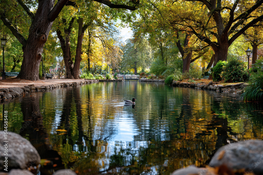 Obraz premium Autumn Park Pond with Duck and Reflections