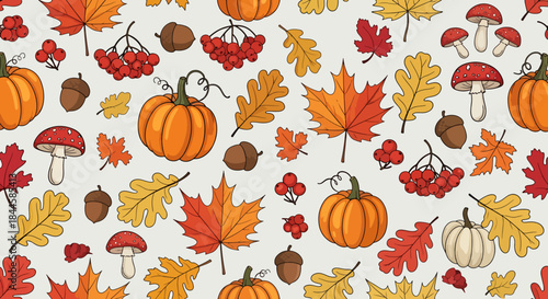 Seamless pattern with pumpkins, mushrooms, autumn leaves, rowan berries, and acorns, vibrant fall harvest theme