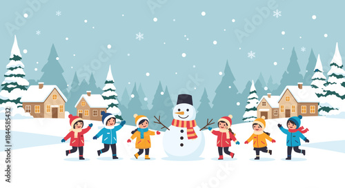 Children playing in the snow building a snowman winter scene.