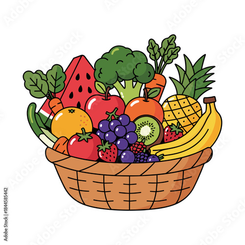 Colorful Basket of Fresh Fruits and Vegetables in Flat Cartoon Illustration Style