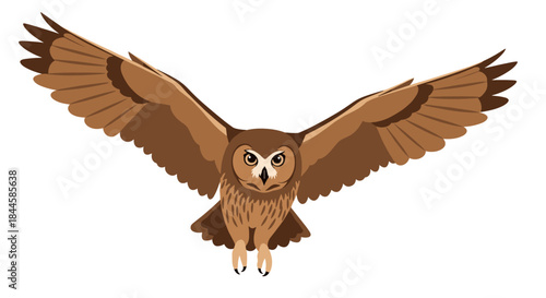 Brown Owl Flying With Wings Spread Wide Open.