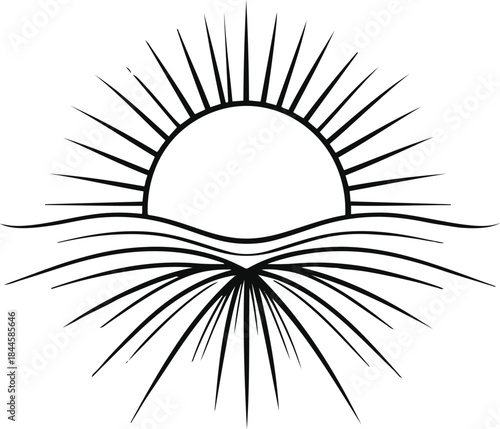 Continuous line art of a rising sun symbolizing a new beginning, simple bold strokes, minimalist New Year concept, clean vector design
