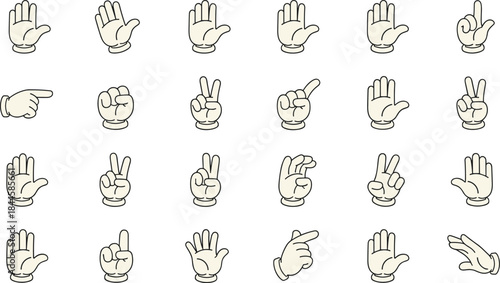 A set of simple cartoon character hands and gloves showing various gestures like pointing, peace signs, open palms, and fists in a comic style.