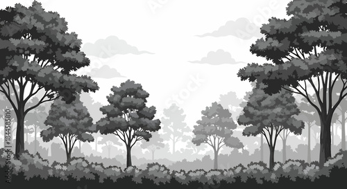 Monochromatic forest landscape with dense trees and foliage in a misty, atmospheric setting, layered with soft clouds.