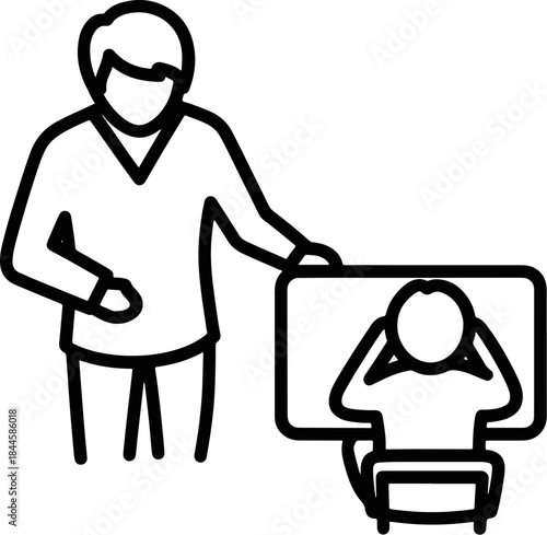 Man stands next to a computer screen showing a person sitting with hands on their head