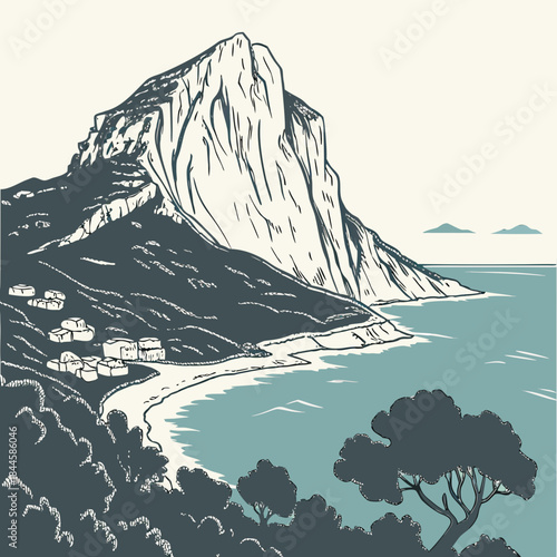 A dramatic cliff face overlooks a serene coastal village nestled beside a tranquil blue sea with distant islands under a pale sky