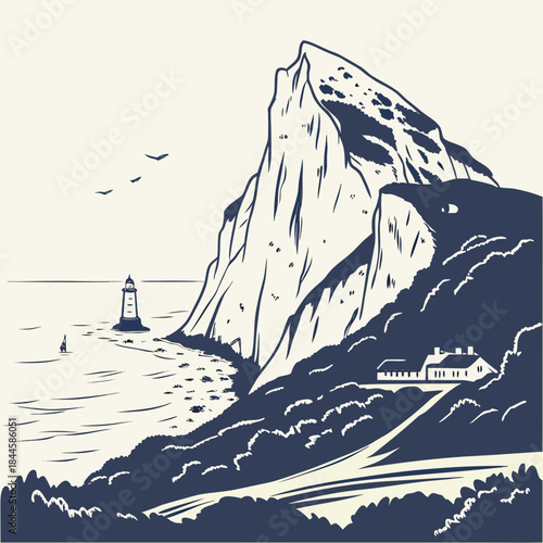 A dramatic coastal landscape illustration featuring a towering cliff face overlooking a lighthouse and a small sailboat on the ocean with a building nestled on the hillside