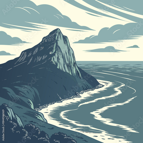 Dramatic coastal mountain peak overlooking a serene ocean with rolling waves and a cloudy sky in a stylized graphic art illustration style