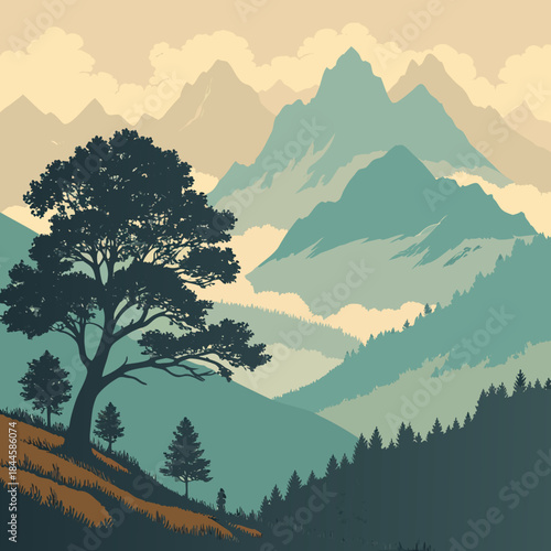 A solitary large tree silhouetted on a grassy hillside overlooking a vast mountain range with layered peaks and soft clouds under a muted sky
