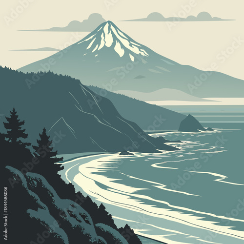 Serene coastal landscape featuring a snow capped mountain overlooking a tranquil bay with rolling waves and lush green forested hillsides in muted tones