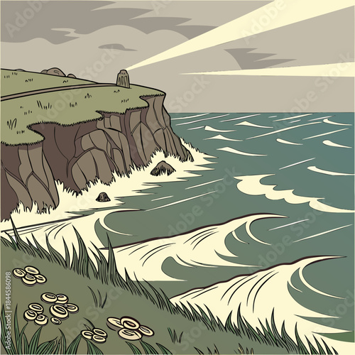 A rugged coastal cliff with a lighthouse casting its beam across the choppy ocean waves under a cloudy sky with stylized grass and flowers in the foreground