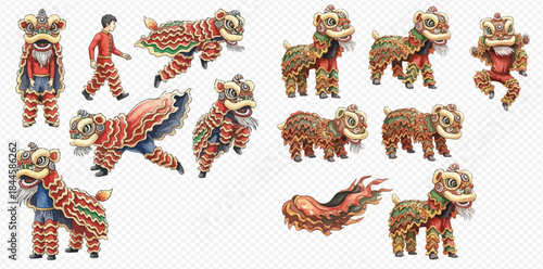 Set of traditional Chinese lion dance figures and performers in various poses for cultural celebrations.