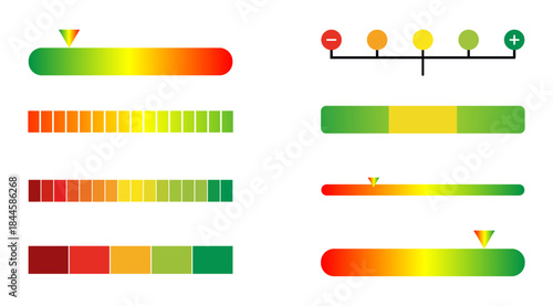 Set of rating scales and progress bars showing levels, scores, and status indicators. Useful for feedback, survey results, performance tracking, rating, scale, progress, bar, gauge, meter, vector