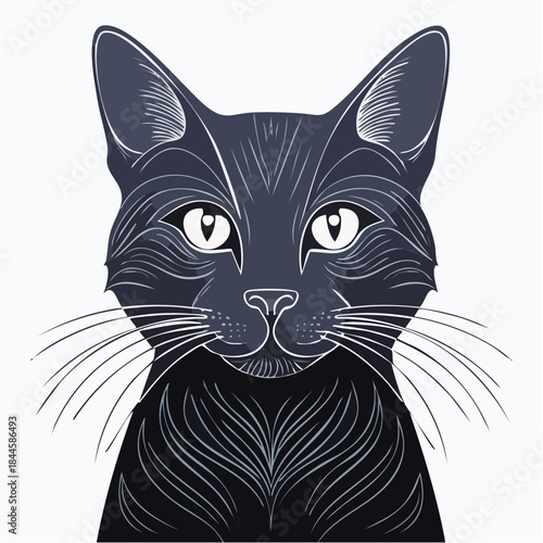 Cute black and white cat vector illustration with big green eyes, a beautiful feline portrait for pet lovers