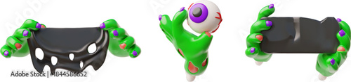 Creepy zombie green hands show sign board, eye organ and torn rag, vector 3D cartoon walking dead, Halloween monsters