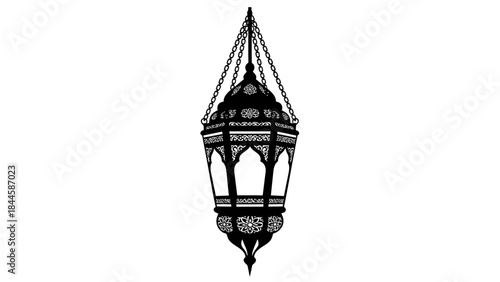 ornate hanging lantern silhouette islamic arabic design hanging from chains on white background