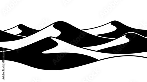 Minimalist black and white illustration of desert sand dunes forming waves
