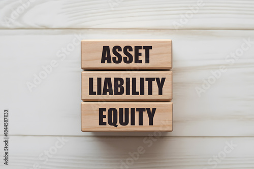Minimalist flat-lay of wooden blocks labeled 'ASSET', 'LIABILITY', 'EQUITY' on a light wooden plank, perfect for finance, accounting, or business concepts.
