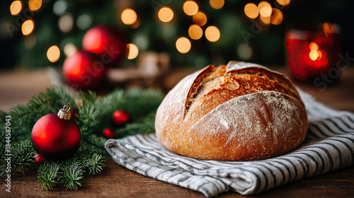 Artisan bread crusty loaf rustic bread christmas ornament holiday decoration festive table pine branch red bauble candle light cozy ambience Warm artisan bread crusty loaf rustic bread christmas