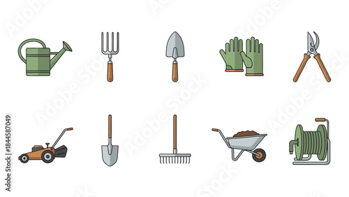 Gardening Tools Collection Featuring Watering Can Lawn Mower and Wheelbarrow