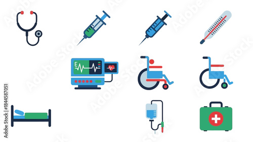 Medical icons collection symbolizing healthcare instruments and patient care equipment