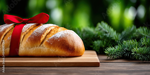 Rustic christmas bakery scene artisan bread loaf wood holiday bread christmas loaf red ribbon festive food bakery gift fresh baked golden crust powdered sugar evergreen branch Warm rustic